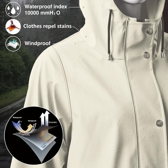 Women’s Upgrade-beige Waterproof Rain Jackets Hooded Long & Raincoat Windbreaker - Picture 3 of 5